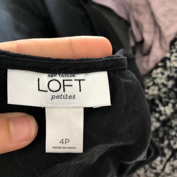 LOFT Black Linen Round Neck Waist Tie Belt Side Pockets Crew Neck Women’s Size 4 - Picture 6 of 7